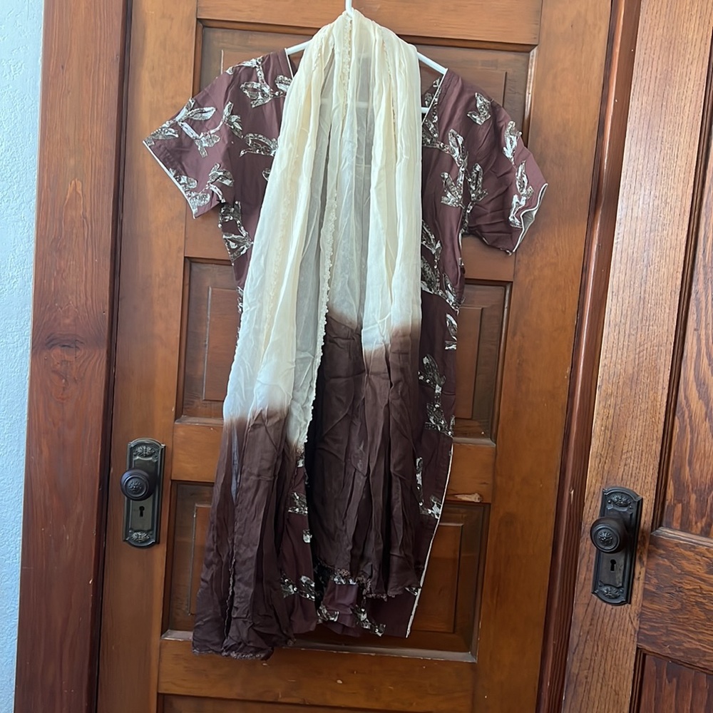 Brown cotton salwar kameez with stitched sequin appliqué